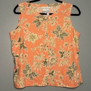 David Brooks Medium Sleeveless Top Peach Botanical Floral Linen Button Tropical